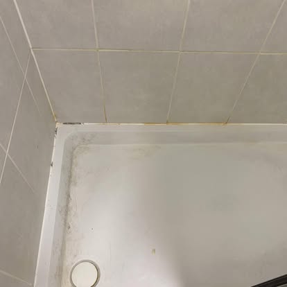 Shower tray and grout before clean, with mould in the corner